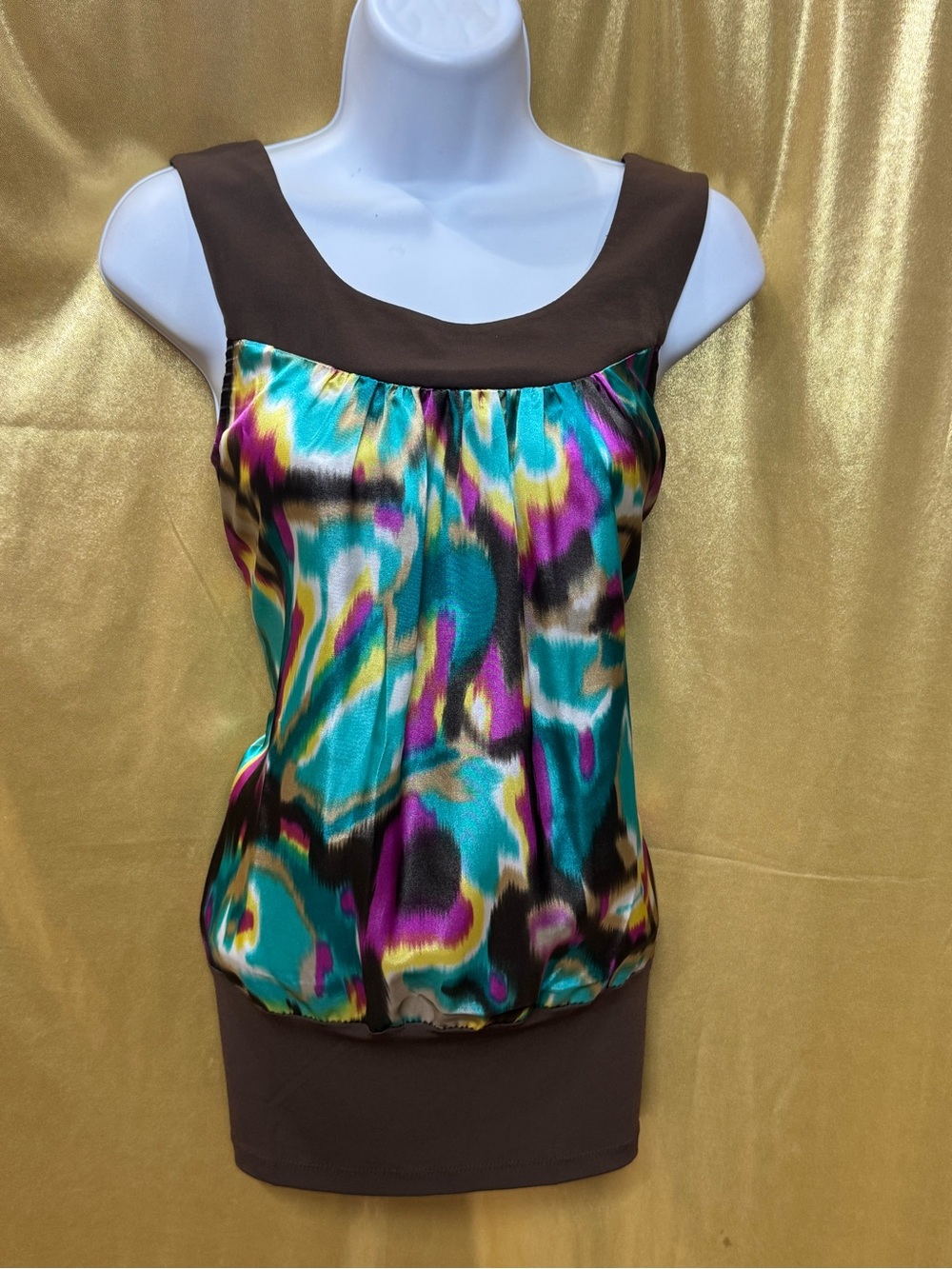 BCX Abstract Ikat Sleeveless Top Medium Brown Teal Purple Y2K Blouson Hem
